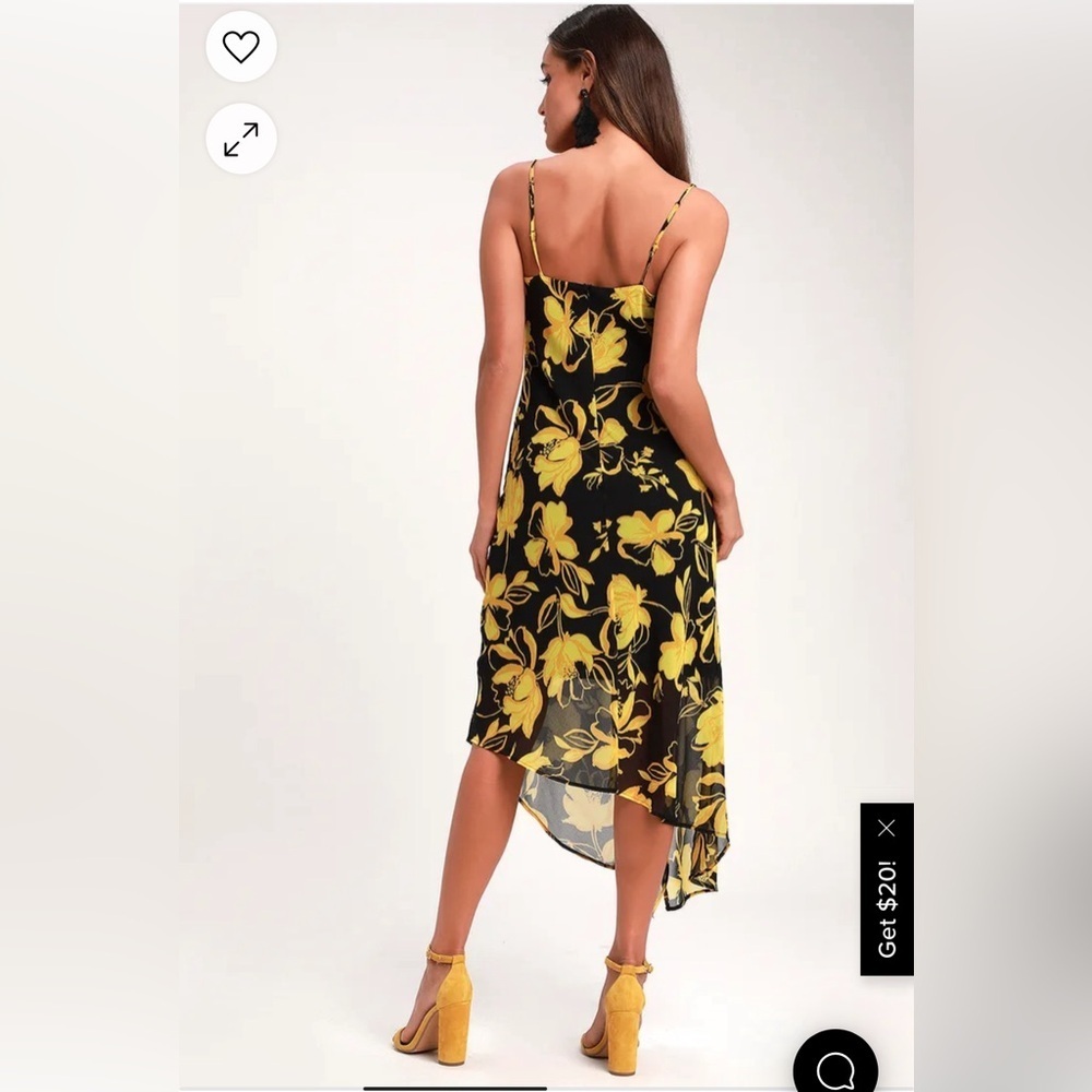 C/MEO On and Off Black and Yellow Floral Print Asymmetrical Midi Dress Sz Large - Picture 2 of 15